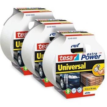 tesa Extra Power Universal - Cinta adhesiva americana reforzada para reparar, fijar, agrupar, reforzar o sellar, paquete de 3, 10 m x 50 mm, color blanco