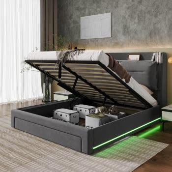 Cama contenedor de terciopelo gris 140x200 cm con 2 cajones y luz LED empotrada en pies