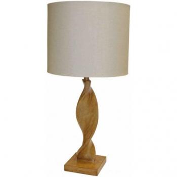 Lámpara de mesa Abia Poly de resina con efecto roble, pantalla de lino natural