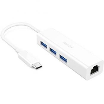 AUKEY Hub USB C Ethernet 3 Puertos USB 3.0 con 1 Puerto de RJ45 Gigabit Ethernet Hub USB Type C para Nuevo Macbook, Macbook Pro 2016, Google ChromeBook Pixel 2015 y otros Dispositivos de Type C