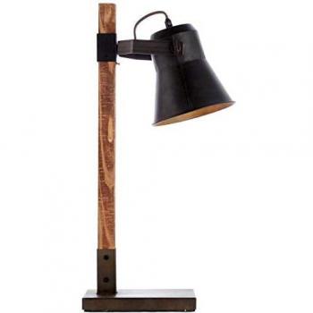 Lámpara de mesa Plow, negra y madera oscura, E27, 10W, con interruptor de cordón