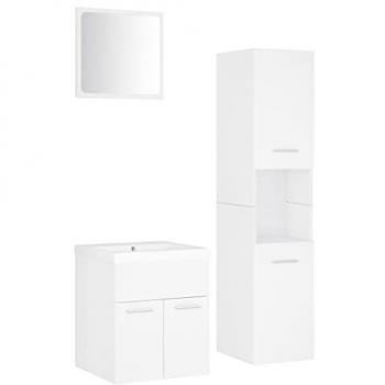 Juego de muebles de baño madera de ingeniería blanco con lavabo empotrado, grifo, espejo y tocador en contrachapada