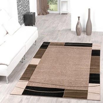 Alfombra con cenefa, diseño moderno, alfombra para salón, color beis y negro, 60 x 100 cm
