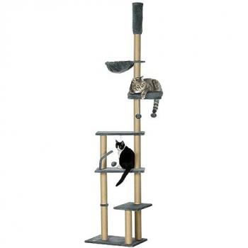 PawHut Árbol para Gatos de Suelo a Techo de 230-250 cm con Altura Ajustable, Múltiples Plataformas, Cestos Hamaca y Bolas Colgantes en Color Gris