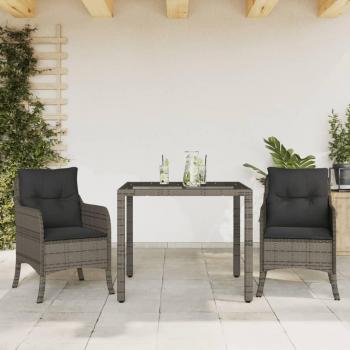 3-Piece Grey Poly Rattan Garden Dining Set with Cushions