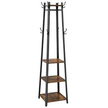 VASAGLE Perchero, Perchero Industrial con 3 Estantes, Escalera con Ganchos y Barra de Ropa, Estructura de Acero, Marrón Rústico y Negro LCR80X