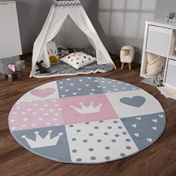 Alfombra Habitacion Infantil Antideslizante Suave Arcoíris Corazón Lunares Ø 120 cm Redonda, Color: Crema Rosa Gris - Paco Home