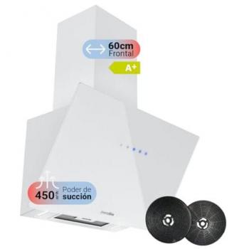 Campana Extractora Inclinada de Cristal Blanco 60cm, Succión 450m³/h, Potencia 65W, Temporizador, 3 Velocidades, LED, Filtro Lavable, Clase A+