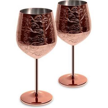 SKYFISH - Juego de 2 Copas de Vino de Acero Inoxidable grabadas con Grabados barrocos intrincados y auténticos, Estilo Real, 17 oz