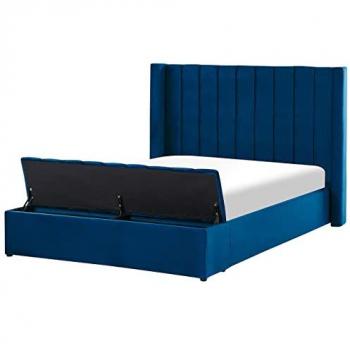 Cama Doble de Terciopelo Azul Marino 140 x 200 cm con Cabecero Alto y Bancó de Almacenamiento