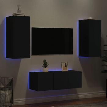 Mueble de TV de pared con LED, 4 piezas, madera de ingeniería negra
