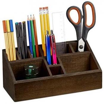 Organizador de Escritorio de Bambú con 10 Compartimentos para Lápices y Notas, Color Marrón Oscuro - Relaxdays