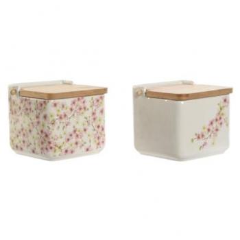 Salero con Tapa Home ESPRIT Blanco Rosa Lila Bambú 750 ml 14 x 12,5 x 12 cm (2 Unidades)