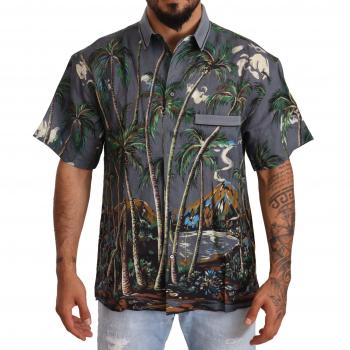 Dolce & Gabbana Gray Linen Tropical Print Short Sleeve Shirt - Multicolor, Size: M