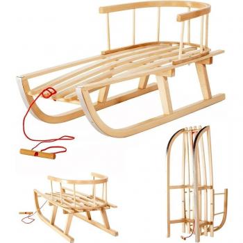 Trineo de madera de haya con respaldo y cuerda para niños
