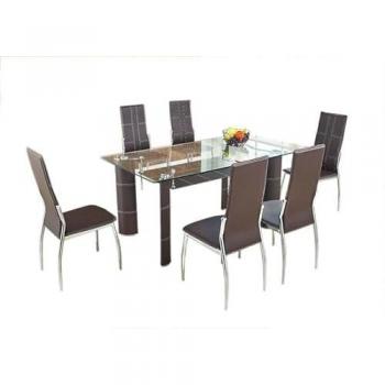 Mesa de Cristal Templado 150x90 cm + 6 Sillas de Polipiel/Metal Marrón