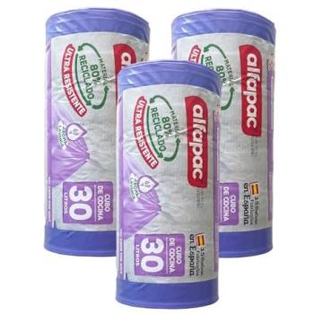 Bolsas de basura Alfapac 80% reciclado 'Lavanda' 3 rollos de 15 bolsas (45 bolsas) 55x60cm 30L autocierre, ultra resistentes, triple capa, antigoteo