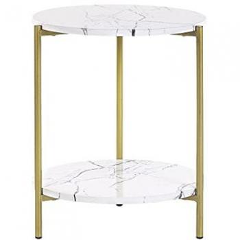 Mesa Auxiliar Efecto Mármol Blanco y Dorado Ø 40 cm con Estante y Patas de Metal