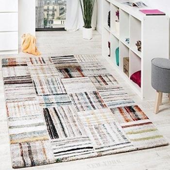 Paco Home Alfombra Nómada de Diseño Moderna con Cuadros Y Líneas Multicolor Crema, tamaño:160x230 cm