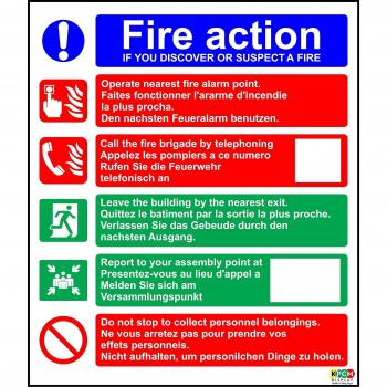 multilingue Fire Action multilingue de sécurité type 2–1.2 mm rigide Plastice 300 mm x 200 mm
