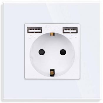 Base enchufe EU 16A + cargador rápido USB A+A KOOB frontal cristal blanco