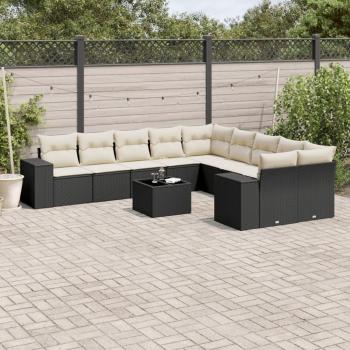 11-Piece Black Poly Rattan Garden Sofa Set with Cushions