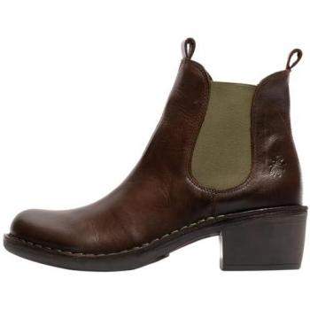 Fly London Women's Chelsea Boots - Dark Brown Green Leather Block Heel