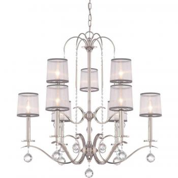 Lámpara de araña Whitney, 9 luces, plata imperial, organza blanca y gris, decoración de cristal