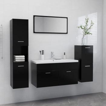 Conjunto de muebles de baño negro en conglomerado con acabado en madera de ingeniería, diseño moderno, incluye lavabo y espejo, resistente al agua y fácil de limpiar