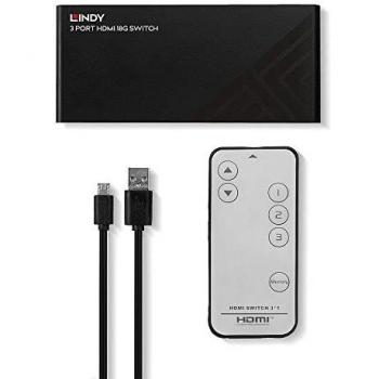 LINDY 38232 Conmutador HDMI de 3 Puertos, 18G, 4K60, 3840 x 2160 píxeles