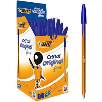 Bolígrafo BIC Cristal Fine 872730, Punta Fina de 0.8mm, Tinta de Aceite Azul - Pack de 50 Unidades