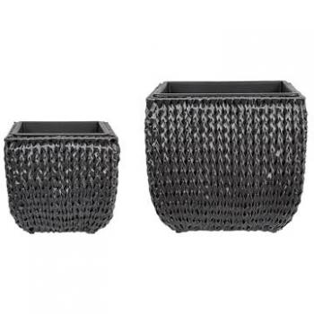 Set de 2 macetas redondas de ratán sintético negro para interior y exterior con inserto plástico Berberis