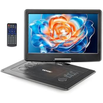 VEVOR 15.6 Inch Portable DVD Player with Swivel HD Screen, 4.5-5 Hour Built-in Rechargeable Battery, Dual Speakers, TV/USB/SD Card/CD/DVD Sync Support, Car Charger Included