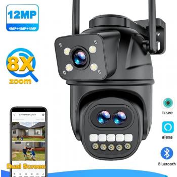 Cámara IP WiFi Externa 12MP 6K HD con Zoom 8x, Tres Lentes, Pantalla Doble, Seguimiento Automático, Protección de Seguridad y Vigilancia CCTV iCSee App