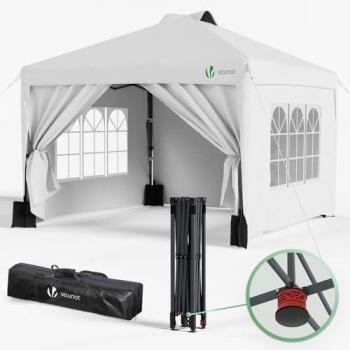 Carpa Plegable Gazebo 3x3m Pop Up con Paredes Laterales y Ventanas, Cenador de Jardín Blanco con Botón Central y Bolsa de Transporte