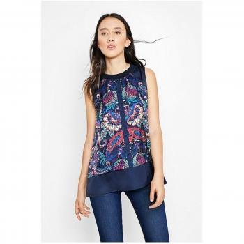 DESIGUAL Cuello Liso Blusa sin mangas de la fantasía de la cachemira - L, BLU