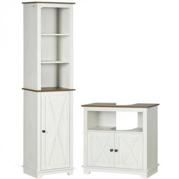 Kleankin Conjunto de Baño Blanco con Estante Ajustable y Mueble para Debajo del Lavabo, 39.5 x 30 x 160 cm y 60 x 30 x 60 cm, Antivuel