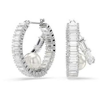 Swarovski Ariana Grande Baguette Crystal Pearl Hoop Earrings in White, Rhodium Plated