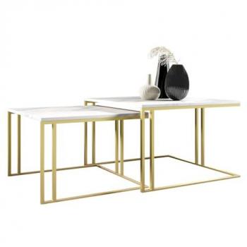 Conjunto mesa de centro angular Oswego 110, mármol blanco y dorado, aglomerado laminado, 76 x 76 x 50 cm