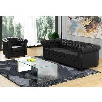 Sofá Chesterfield 3 plazas y sillón - Piel sintética - Negro