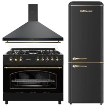 Combo Pack Solthermic® Cocina Gas Negra Rústica 90x60 con Horno Eléctrico Panorámico, Campana Decorativa de 90 cm y Frigorífico Combi Retro de 1,88 m