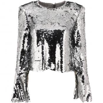 Self-Portrait Women's Sequinned Flared Top in Silver, Size 8, RS24 Color 107T, Color SLSILVER