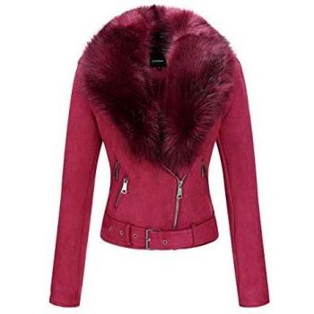 Giolshon Chaqueta Corta de Cuero de Gamuza Sintética para Mujer Abrigo de Motociclista con Minturón de Invierno y Cuello de Piel Desmontable 8830 Rojo XL