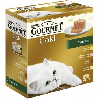 Purina Gourmet Gold Terrine Multipack - Comida Húmeda para Gatos con Salmón, Pollo, Conejo, Pato y Cordero - 8 x 85 gr