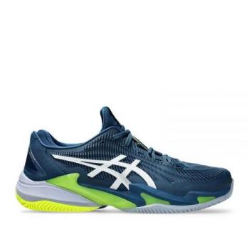 Zapatillas Asics Court FF 3 Clay Azul Mako Blanco, tipo: Zapatilla de tenis para tierra batida, características: color azul oscuro con detalles en blanco y amarillo neón, diseño específico para jugadores de tenis en canchas