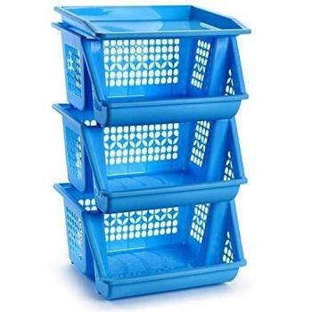 Plastic Forte - Set 3 cestas apilables Multiusos en Color Azul 58 x 38 x 29 cm