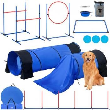 VEVOR 7-Piece Dog Agility Training Set with Adjustable Hurdles, Weave Poles, Tunnels, Jump Ring, Pause Box, Frisbees, Whistle and Foldable Design