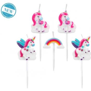 SET 5 VELAS UNICORNIO MULTICOLOR - Velas de cera, diseño de unicornio, colores variados (multicolor), ideales para fiestas y celebraciones infantiles, tamaño estándar