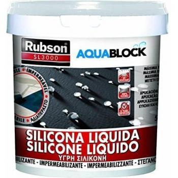 Rubson Aquablock SL3000 Silicona Líquida blanca, impermeabilizante líquido para prevenir y reparar goteras y humedades, silicona elástica con tecnología Silicotec, 1 x 5 kg