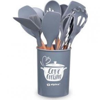 Set de 12 Utensilios de Cocina Alpina Gris con Soporte, Silicona y Mango de Madera